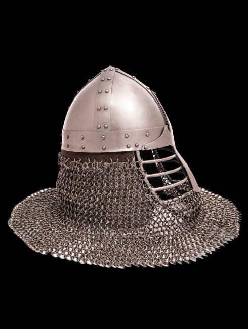 Conical spangen helmet of the XII century with bar grill Corazza