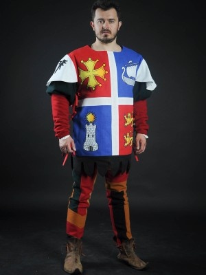 Quarter colored tabard with boat, tower and lions Vestimenta medieval