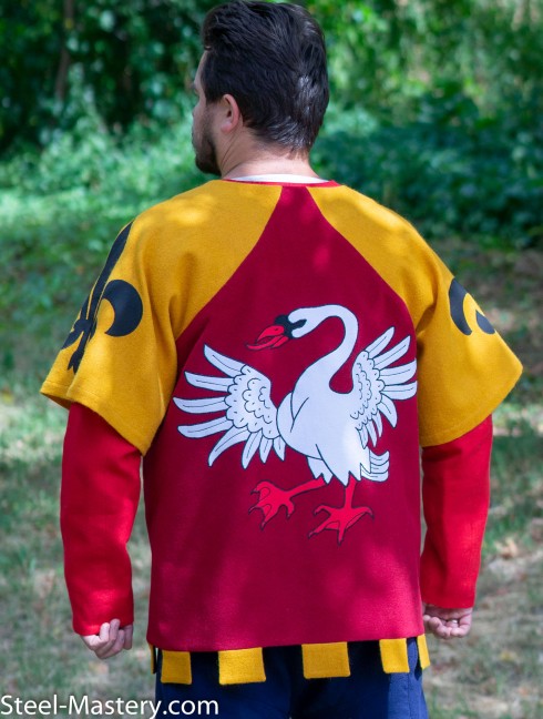 Scarlet tabard with white rising swan and black lilies Tabardo