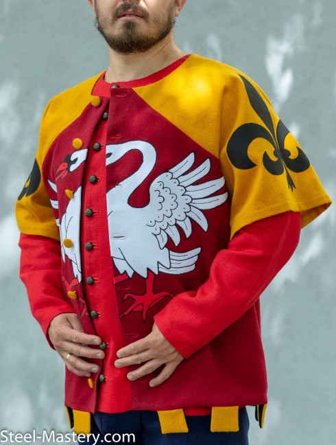 Scarlet tabard with white rising swan and black lilies Tabardo