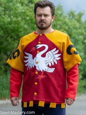 Scarlet tabard with white rising swan and black lilies