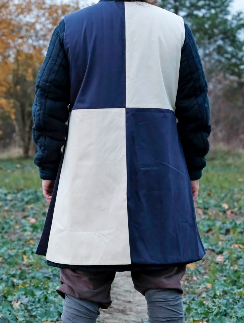Tabard with silk-screening of scarlet dots, golden swords, and green oak leaves 