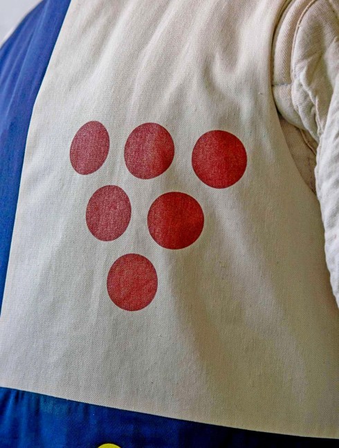 Tabard with silk-screening of scarlet dots, golden swords, and green oak leaves 