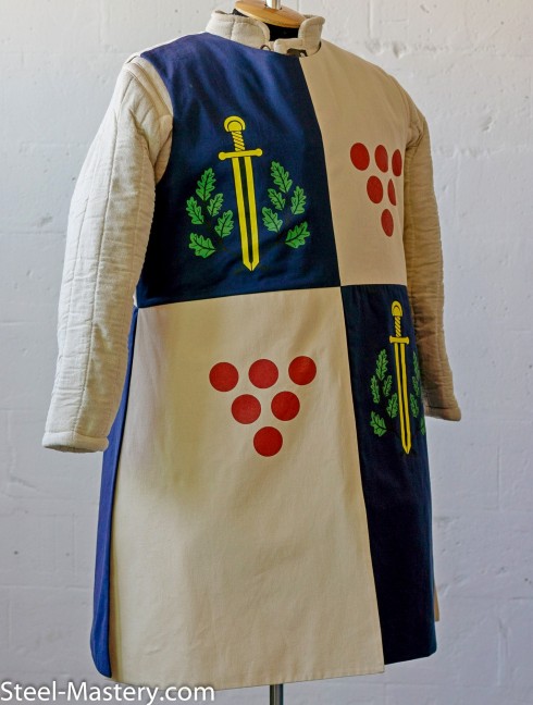 Tabard with silk-screening of scarlet dots, golden swords, and green oak leaves 