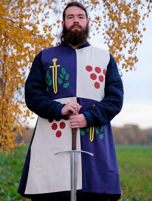 Tabard with silk-screening of scarlet dots, golden swords, and green oak leaves 