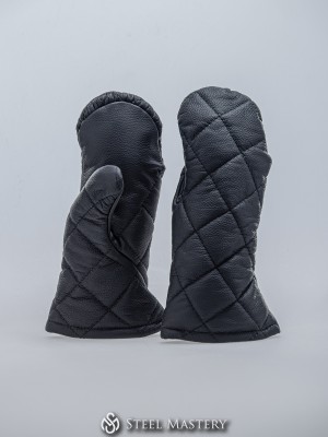 BLACK LEATHER MITTENS WITH DIAMOND STITCHING IN STOCK Ready padded armour