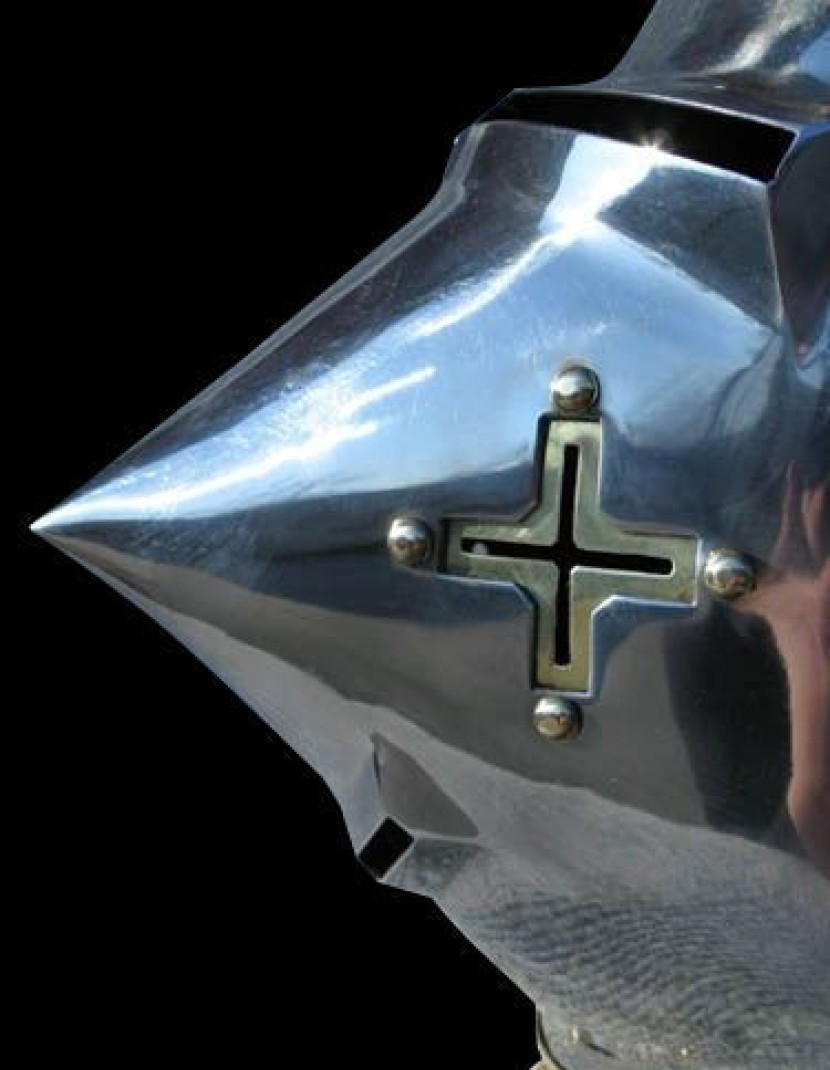 Bascinet hounskull with brass decoration and cross on the cheek photo made by Steel-mastery.com