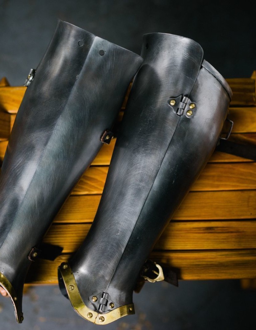 Closed hinged greaves XIV-XV cent photo made by Steel-mastery.com