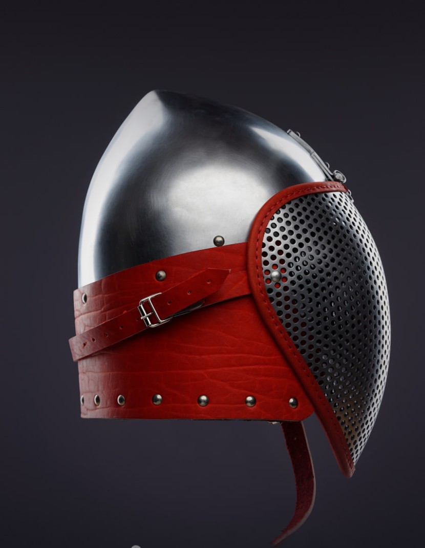 Fencing bascinet with a meshed visor for SCA/HEMA  photo made by Steel-mastery.com