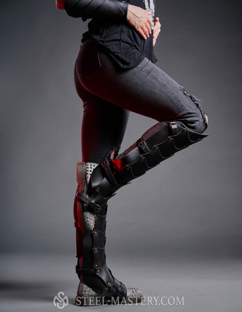 Leather greaves in Dragon style photo made by Steel-mastery.com