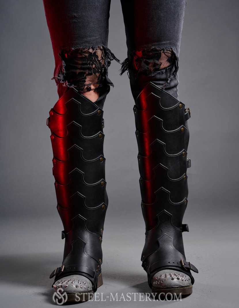 Leather greaves in Dragon style photo made by Steel-mastery.com