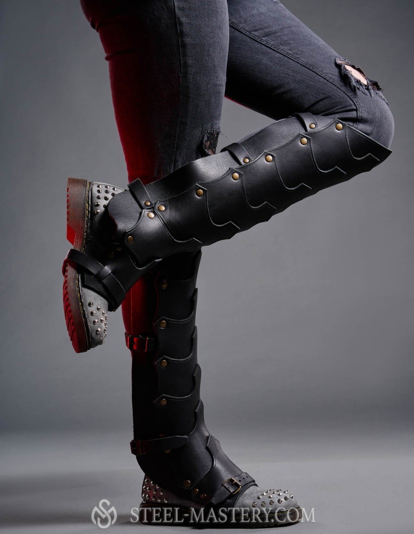 Leather greaves in Dragon style photo made by Steel-mastery.com