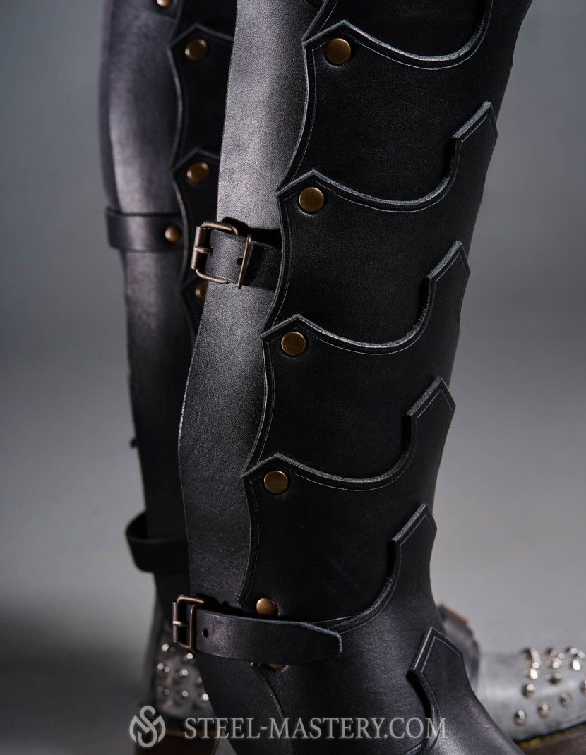 Leather greaves in Dragon style photo made by Steel-mastery.com