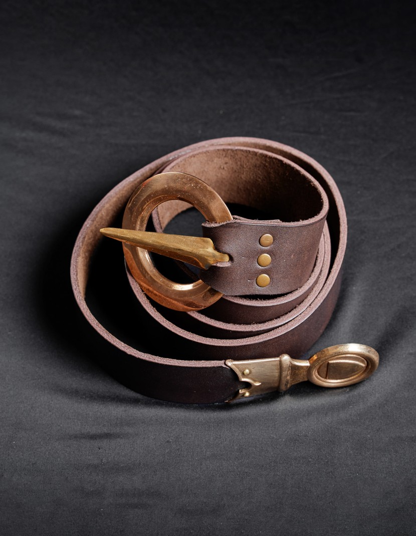 Leather belt with bronze buckle and strapend photo made by Steel-mastery.com