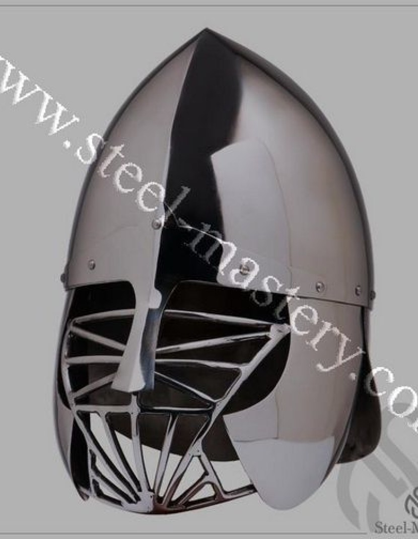 Phrygian helm with bar grid and full neck protection photo made by Steel-mastery.com
