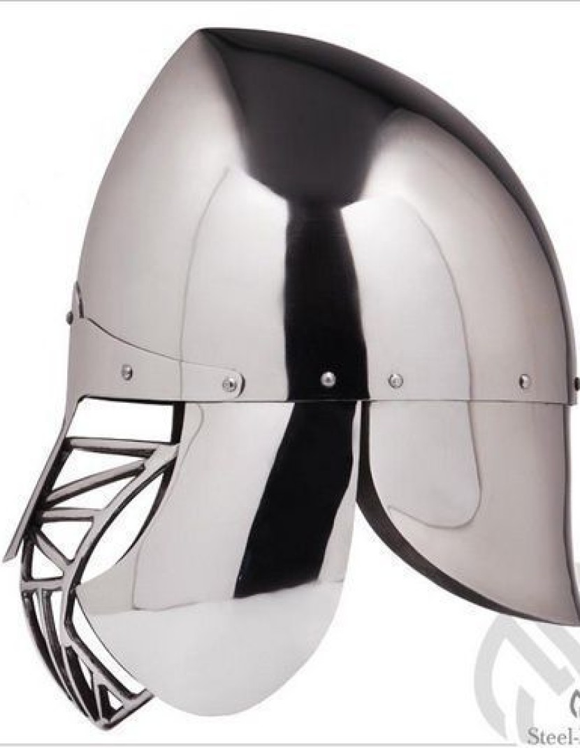 Phrygian helm with bar grid and full neck protection photo made by Steel-mastery.com