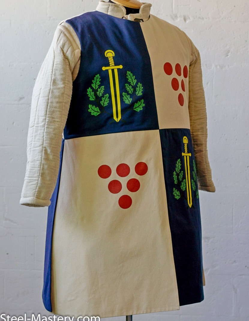 Tabard with silk-screening of scarlet dots, golden swords, and green oak leaves photo made by Steel-mastery.com